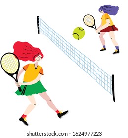 Girl playing tennis doodle style vector illustration. Female player hitting two-handed forehand cartoon character. Athlete in sportive outfit. Active lifestyle concept. T shirt print design.