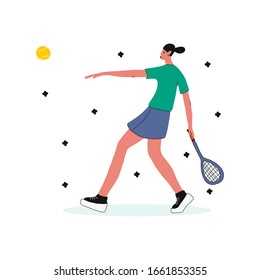 girl playing tennis. illustration in a flat style, isolated on a white background.Sports concept. the girl hits the ball.for posters, postcards, banners, t-shirts, websites, tennis clubs.