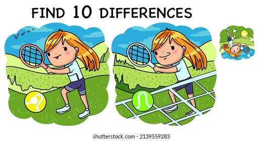 Girl playing tennis in the meadow. Children's full-color vector illustration. Find 10 differences. Educational game for children. Cartoon vector