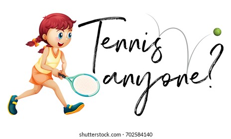 Niña jugando al tenis con frase cualquiera ilustración