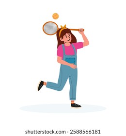 Girl playing tennis with a racket and a ball in a cheerful stance outdoors