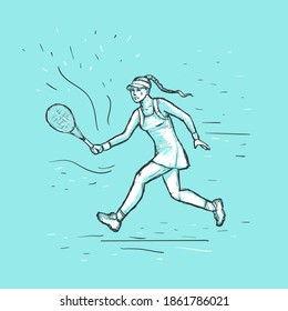 Girl playing tennis with racquet. Sketch vector color hand drawn Illustration. Women tennis player. Sport concept. Design for print, cover, poster and banner