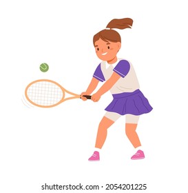 Girl Playing Tennis, Serving Ball With Racket. Happy Kid In Skirt Training. Active Child Doing Sports. Junior Athlete Exercising. Colored Flat Vector Illustration Isolated On White Background