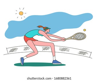 Girl playing tennis.Vector illustration in a flat style. Isolated on a white background. Sports concept.