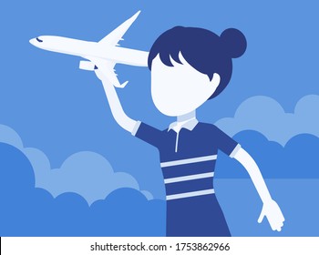 Girl playing with a toy airplane. Young pilot flying an aircraft, child running holding aero plane in hand, enjoy jet model, creative playtime for kids. Vector creative stylized illustration