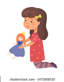 Girl playing with toy flat vector illustration. Smiling little child holding princess doll cartoon character. Primary school, elementary grade, kindergarten pupil. Happy childhood activity, playtime