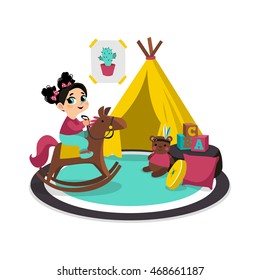 Girl playing with toys at children's room. Vector illustration of child. Character in cartoon flat style.