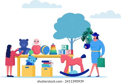 Niña jugando con juguetes en la mesa, mujer sosteniendo una maceta, un escenario al aire libre con un árbol. Momento de juego infantil, niños felices y ilustración vectorial de hobby de jardinería.