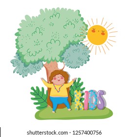 girl playing with tree and plants with sun