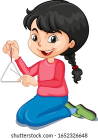 Girl playing triangle on isolated background illustration