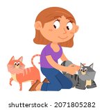 Girl playing with two cats. Kid caress pets