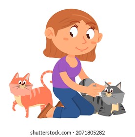 Girl playing with two cats. Kid caress pets