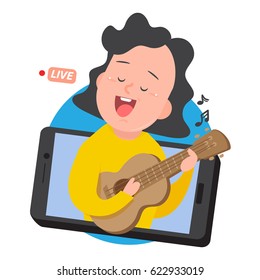 Girl Playing ukulele on Live streaming with Smartphone : Vector ,Illustration