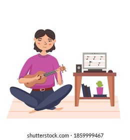 Girl playing ukulele. Small Hawaiian musical instrument. Teaching music at home online. Modern vector flat illustration