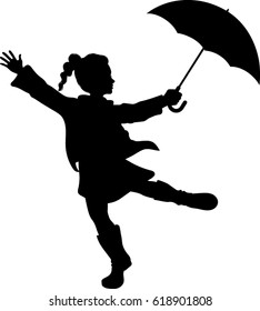 Girl Playing with Umbrella - Silhouette - Vector Illustration 