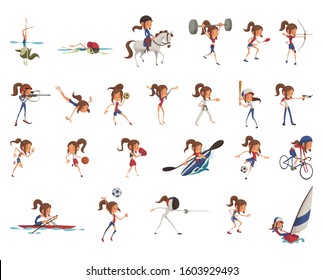 
Girl playing various sports: archery, athetics, baseball, basketball, boxing, canoe, cycling, equestrian, fencing, football, gymnastics, handball, judo, modern pentathlon, rowing, etc