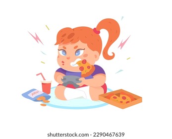 Girl playing video game with slice of pizza in mouth vector illustration. Cartoon isolated funny hungry child holding gamepad in hands to push buttons, kid eating fast food and drinking energy soda