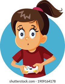 Girl Playing Video Game Vector Cartoon Illustration. Joyful Gamer kid having fun in the console video-game
