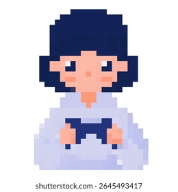 A girl playing video games in a cozy setting, enjoying leisure time with retro gaming style and pixel art design