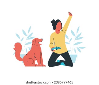 a girl playing video games with dog. Flat vector illustration.