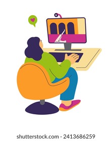 Girl playing video games on computer, sitting in comfortable chair at home. Female character hobby, gamer with display and keyboard, web camera for streaming sessions online. Vector in flat style