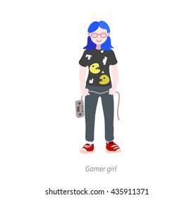 Girl Playing videogames.Vector illustration