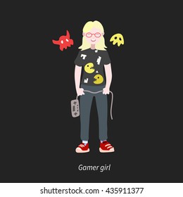 Girl Playing videogames.Vector illustration