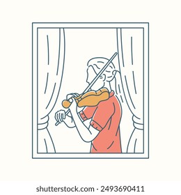 Girl Playing Violin Behind House Curtain Window