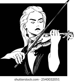 Menina tocando violino. Ilustração em preto e branco. Ilustração vetorial. Use para um cartaz ou cartão-postal.