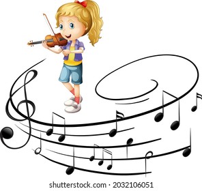 A girl playing violin cartoon character with melody symbols illustration