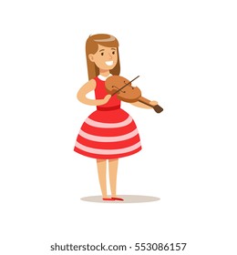 Girl Playing Violin, Creative Child Practicing Arts In Art Class, Kids And Creativity Themed Illustration