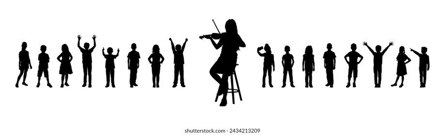 Girl playing violin in front of group of children in row vector silhouette.	