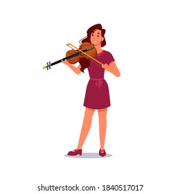 Girl playing violin isolated musician in flat-cartoon. Vector violinist plays on string music instrument, viola with fiddle. Talented smiling caucasian woman practice on stringed tool, violin and bow