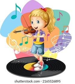 A Girl Playing Violin And Music Melody Symbols Illustration