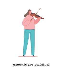 Girl Playing Violin Prepare for Examination in Music School or Training before Concert on Stage. Talented Little Artist Perform Classical Composition on String Instrument. Cartoon Vector Illustration