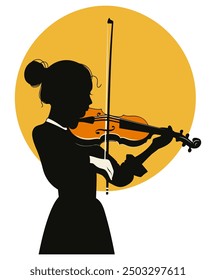 Girl Playing Violin Silhouette, Music and Artistic Performance - Flat Vector Illustration