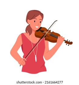 Girl playing violin vector illustration. Cartoon young female cellist smiling, musician holding musical instrument and bow to play classical melody in orchestra or street music band isolated on white