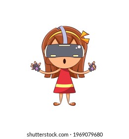 Girl playing virtual reality game, surprised cute child vr headset