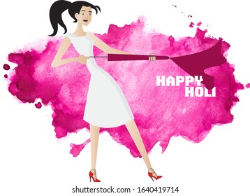 A Girl Playing With Water Gun On Indian Festival Holi