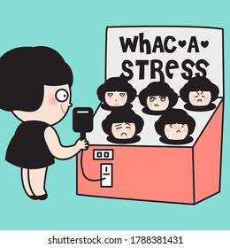 Girl Playing Whack An Emotional Stress Head Game Concept Card Character illustration