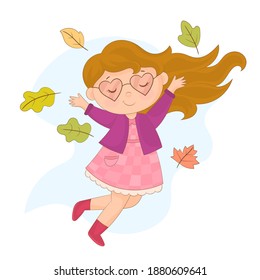 girl playing with wind and autumn leaves
