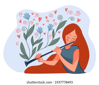 Niña tocando instrumentos de música eólica. Mujer con flauta practicando o estudiando. Dama flautista que actúa o descansa. Entretenimiento o composición de nuevas melodías armónicas. Vector de estilo plano