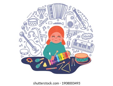 Girl playing xylophone at the table with musical instruments doodle. Kids' musical education concept.