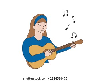 a girl plays an acoustic guitar