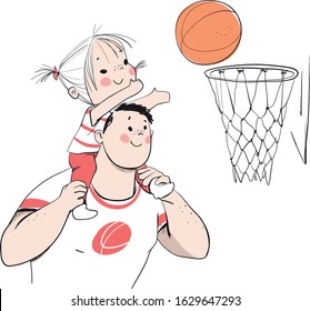 Girl plays basketball with dad