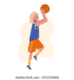 The girl plays basketball, throws the ball. Flat design concept with cute kid playing ball. Vector illustration  on a white background