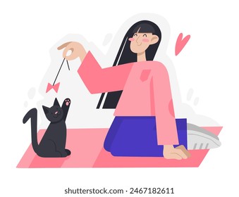 Girl plays with a black cat. Cute vector illustration