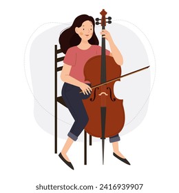 The girl plays the cello. A woman musician stands with a cello. Vector flat illustration.