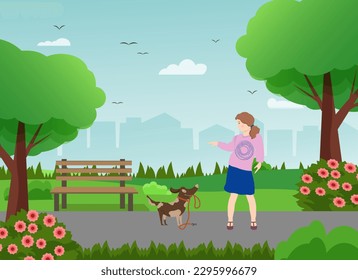 A girl plays with a dog in the park. Illustration of outdoor recreation. Vector illustration. People and animals. For flyers, covers, advertising, posters, veterinary clinics and shops, volunteer