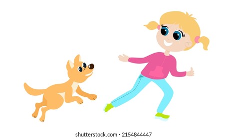 The girl plays with the dog, she runs, and the animal catches up. The girl is dressed in trousers and a sweatshirt. Friendship between man and dog. The child is happy and cheerful.